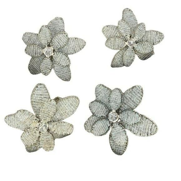 Beaded Clear Flower Napkin Rings set of 4 Crystal silver table scape - Picture 1 of 6